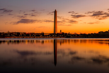 Panoramic sunrise at Washington Monument and Old Post Office Tower, Washington DC, USA	