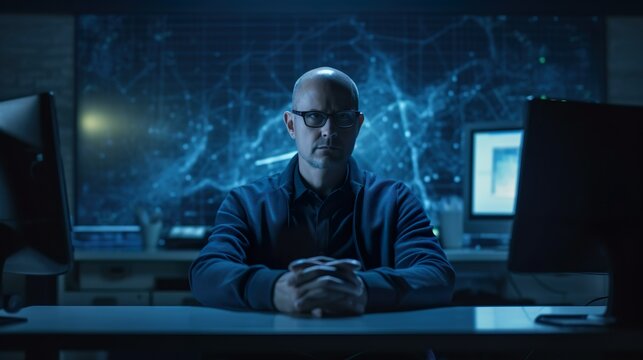 An undercover agent serious man in the lab is developing a secret innovative product. Generative Ai technology.