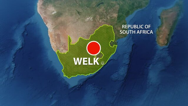 Designation of the borders of South Africa on the map and the mark of the location of the city of Welkom