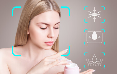Infographic elements shows cleansing effect on beautiful female face.