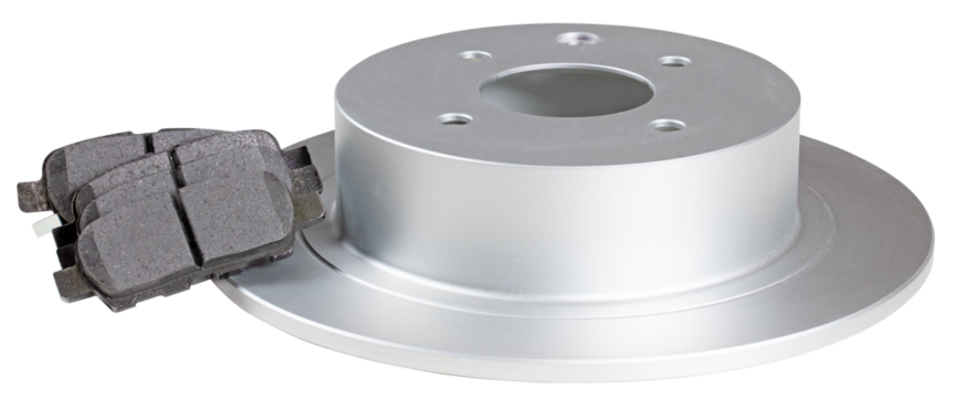 Brake disc and brake pads of a passenger car.