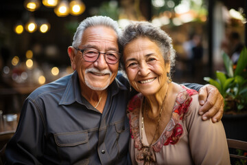 Portrait of a happy smiling senior couple at family gathering outdoors  - Powered by Adobe