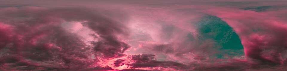 Obraz premium Dramatic sunset sky panorama with bright glowing red pink Cumulus clouds. HDR 360 seamless spherical panorama. Sky dome in 3D, sky replacement for aerial drone panoramas. Weather and climate change.