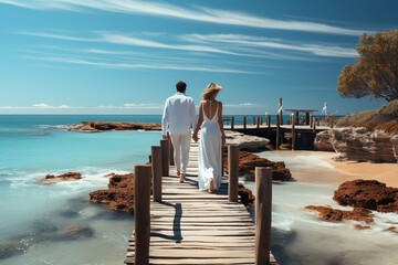 A happy couple in white summer clothing on vacation walks along a wooden pier over ocean. Generative Ai.