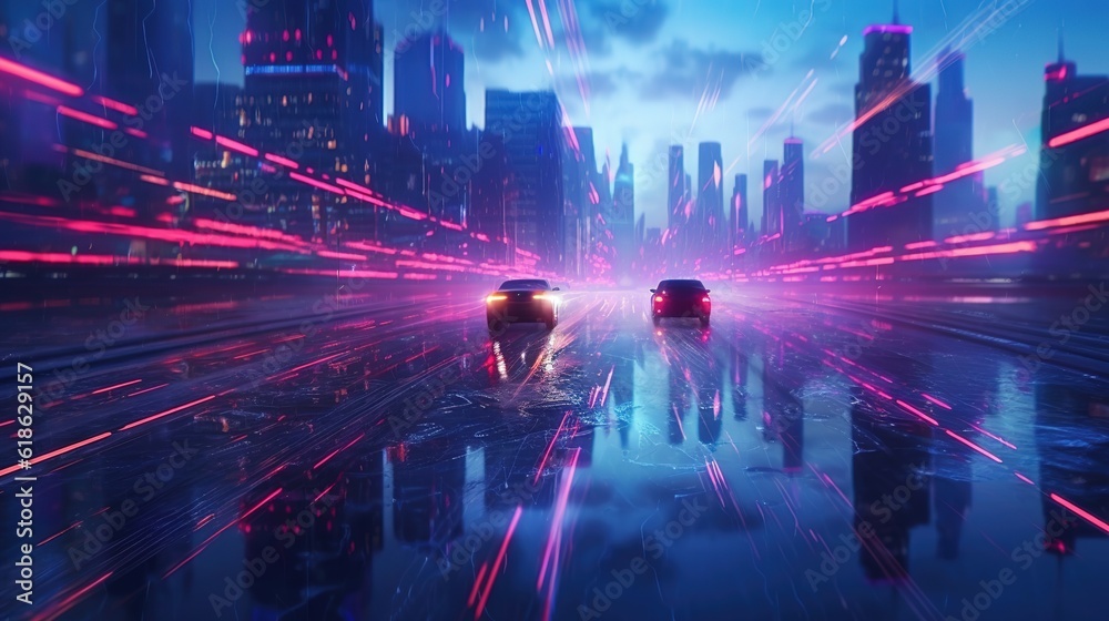 Wall mural Road with light trails of passing vehicles. Motion speed light in city. Dynamic background. Town at night with speed traffic. Generative AI. Illustration for banner, poster, cover or presentation.