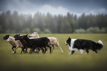 Border collie dog herding sheep in a meadow on the forest and blue sky background