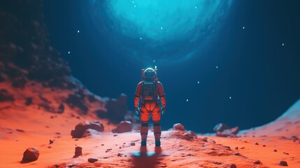 Naklejka premium Back view of full body astronaut exploring planet surface. Generative AI. Illustration for banner, poster, cover or presentation.