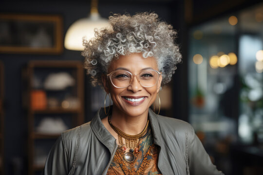 Portrait of a hipster smiling senior black woman, furniture store owner
