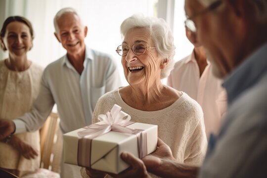 Elderly smiling person gets a birthday present. Generative Ai