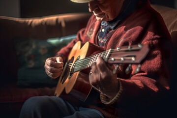 Old man is enjoys to play guitar. Generative Ai