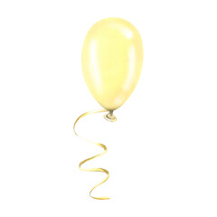 Yellow balloon with ribbon. Watercolor illustration, hand drawn. Isolated object on a white background.