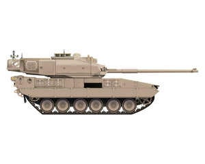 Obraz premium Main battle tank in realistic style. Armored fighting vehicle. Special combat military transport. Detailed colorful PNG illustration .