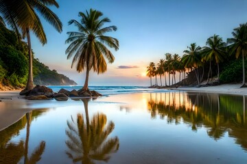 Fototapeta na wymiar An image of a peaceful beach with palm trees and crystal-clear water.