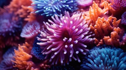 Fototapeta na wymiar Coral Reef. Sea flower. Living coral and reef. Colorful coral reef. The deep water of the sea ocean environment. 4K Coral reef wallpaper. Tropical coral reef.