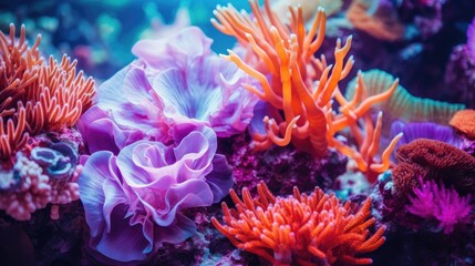 Naklejka na ściany i meble Coral Reef. Sea flower. Living coral and reef. Colorful coral reef. The deep water of the sea ocean environment. 4K Coral reef wallpaper. Tropical coral reef.