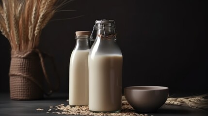 Vegan lactose free oat milk in glass bottle with oat flakes cereal and grass. 