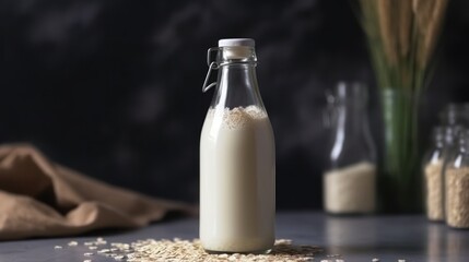 Vegan lactose free oat milk in glass bottle with oat flakes cereal and grass. 