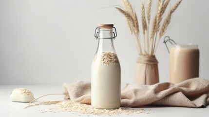 Vegan lactose free oat milk in glass bottle with oat flakes cereal and grass. 