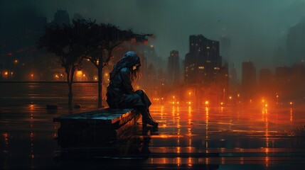 girl sitting on a bench in the city in the rain at night - loneliness and depression - bad mental health - generative ai