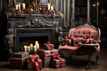 Christmas decoration and craft gift boxes with red bows in antique interior. Generative AI