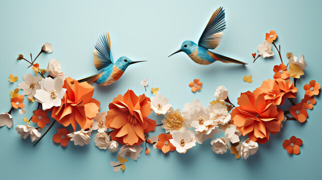 origami flowers with birds and bees flying around 