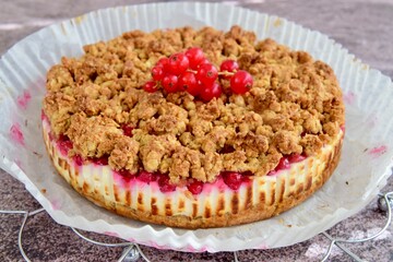 Homemade red currant cheesecake crumble