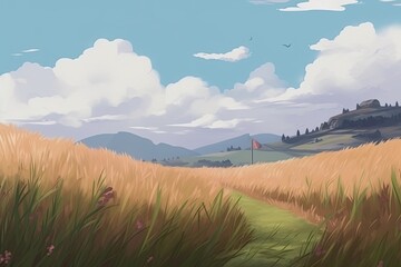 serene wheat field with a majestic castle in the distance