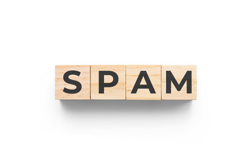 Spam wooden cubes on white background
