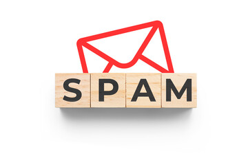 Spam wooden cubes on white background with red mail