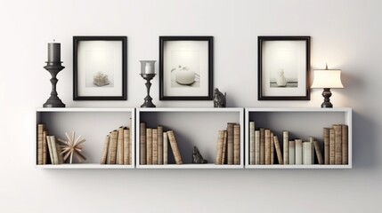Three photo mockup frames and books on the shelf, Generative AI.