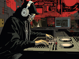 musician dj spinning turntable hip scene, illustration