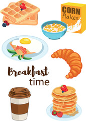 Vector hand drawn breakfast icon set. Coffee pot, sandwich and scrambled eggs. Pancakes, toast with jam, croissant, corn flakes for a design product.