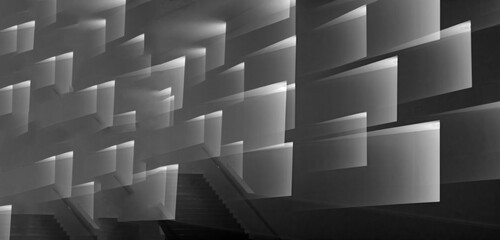 Abstract with windows and black background, lights, double exposure