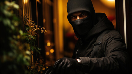 Portrait of a burglar wearing balaclava and looking at camera. Generative AI.