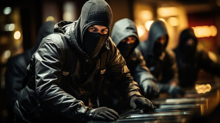 Groupo of men in a masks robbing a bank. Generative AI.