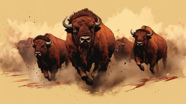 Bison Running on tan created with Generative AI Technology, ai, generative