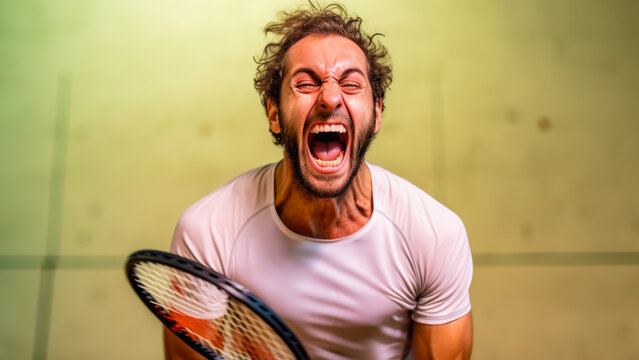 The satisfying moment when a racquetball player makes a winning shot, the intense joy evident in their wide grin