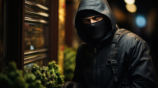 Burglar in a black mask entering a shop at night. Generative AI.