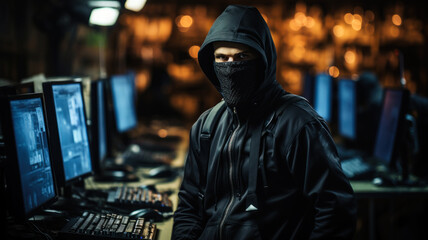 Fototapeta premium Portrait of a computer hacker in a black mask on a dark background. Generative AI.