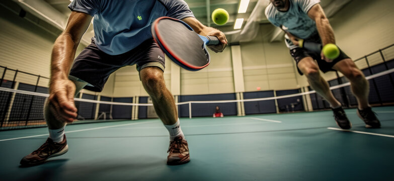 Intense pickleball match captured from a low-angle perspective