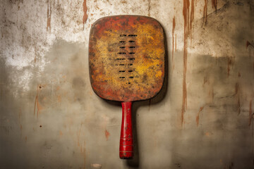 A worn pickleball paddle with the marks of many games, evoking a sense of nostalgia