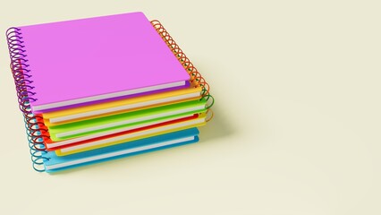 Six different colored notebooks arranged in a column, back to school and study theme, 3d rendering