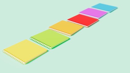 3d rendering of study notebooks of different colors on blue table, education and training theme