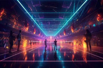 Artistic rendering of a tennis match in a futuristic neon-lit court