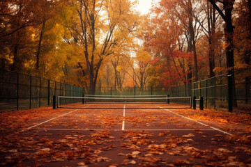 The quiet solitude of an empty tennis court covered in autumn leaves