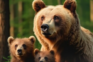 Fototapeta premium Illustration of three brown bears of different sizes standing together in a forest
