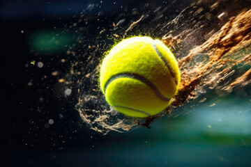 Dynamic shot of a tennis ball bouncing off the court, capturing the action and energy