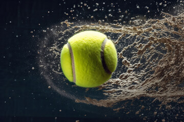 Dynamic shot of a tennis ball bouncing off the court, capturing the action and energy