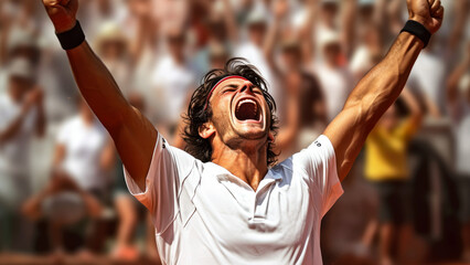 An emotional tennis player in the moment of victory, with arms raised in celebration