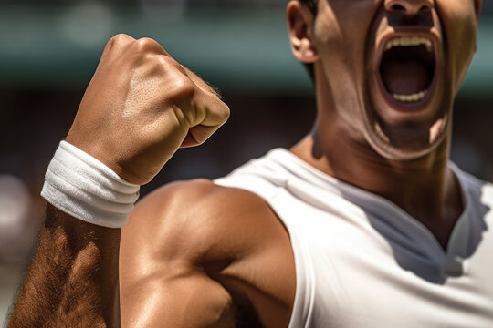 Close-up of a tennis player's clenched fist, symbolizing victory and accomplishment